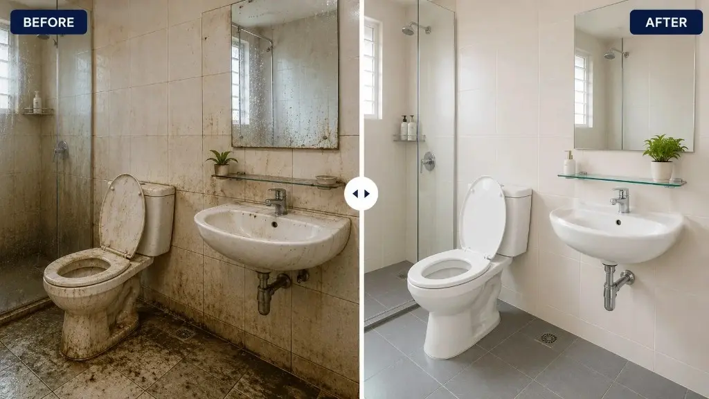 Bathroom deep cleaning before and after — stained toilet, sink, and tiles sanitized by Cleaning Crew — before