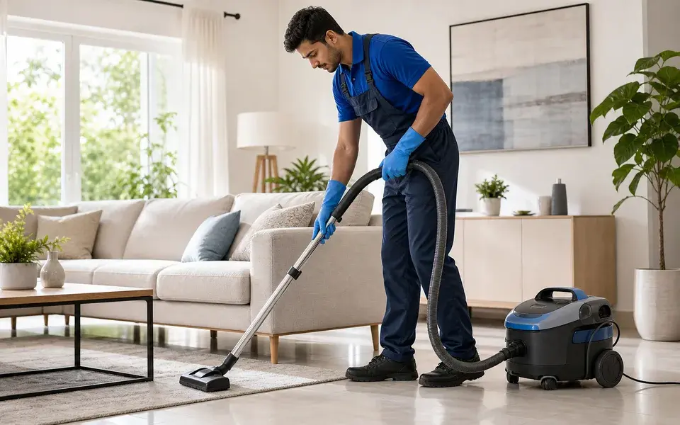 Professional cleaner vacuuming the floor in a bright modern living room