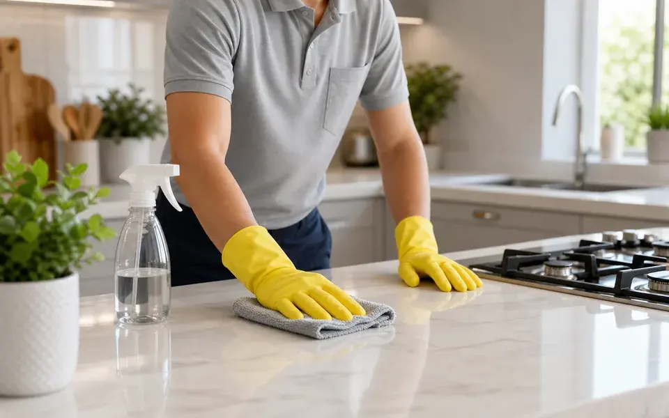 Professional cleaner wiping a kitchen countertop with yellow gloves