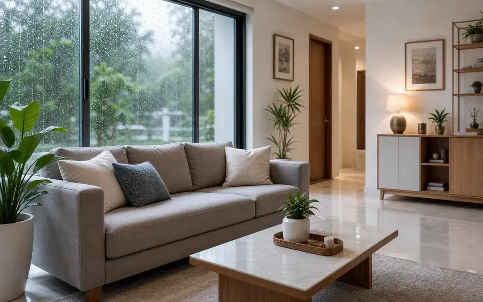 Freshly cleaned living room with rain on the windows during Kerala monsoon season
