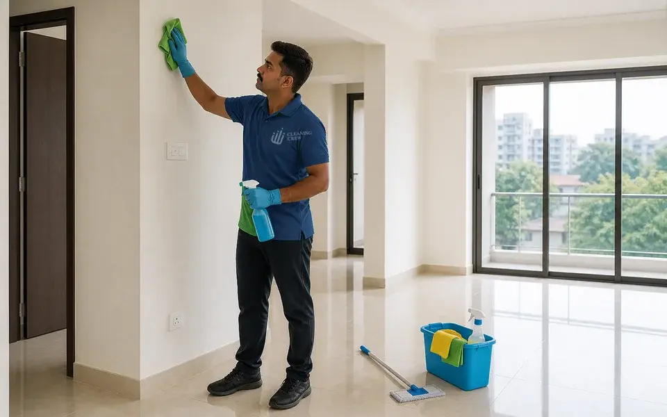 Cleaning Crew professional cleaner wiping a wall in an unfurnished apartment before move-in