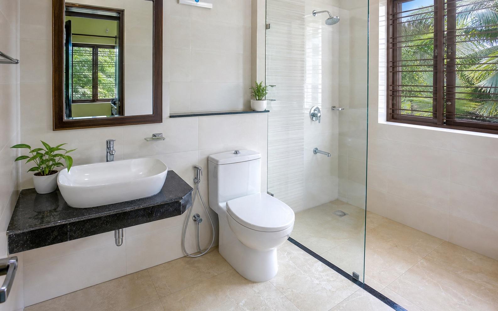 Sanitized bathroom in a Kerala home with spotless fixtures, dry floor tiles, and tropical greenery visible through the window