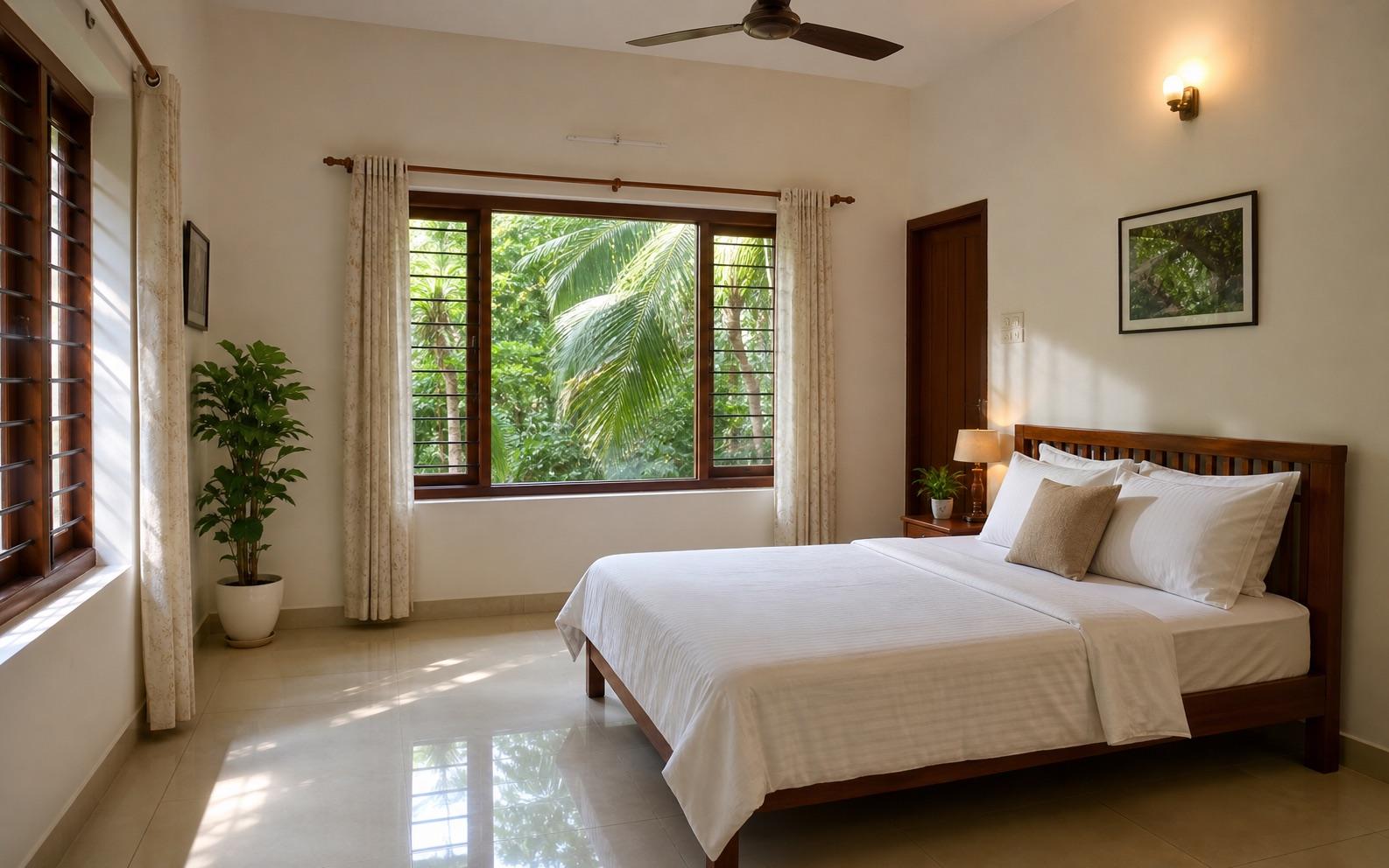 Freshly cleaned Kerala home bedroom with crisp bedding, polished tile floor, wooden windows, ceiling fan, and coconut trees outside