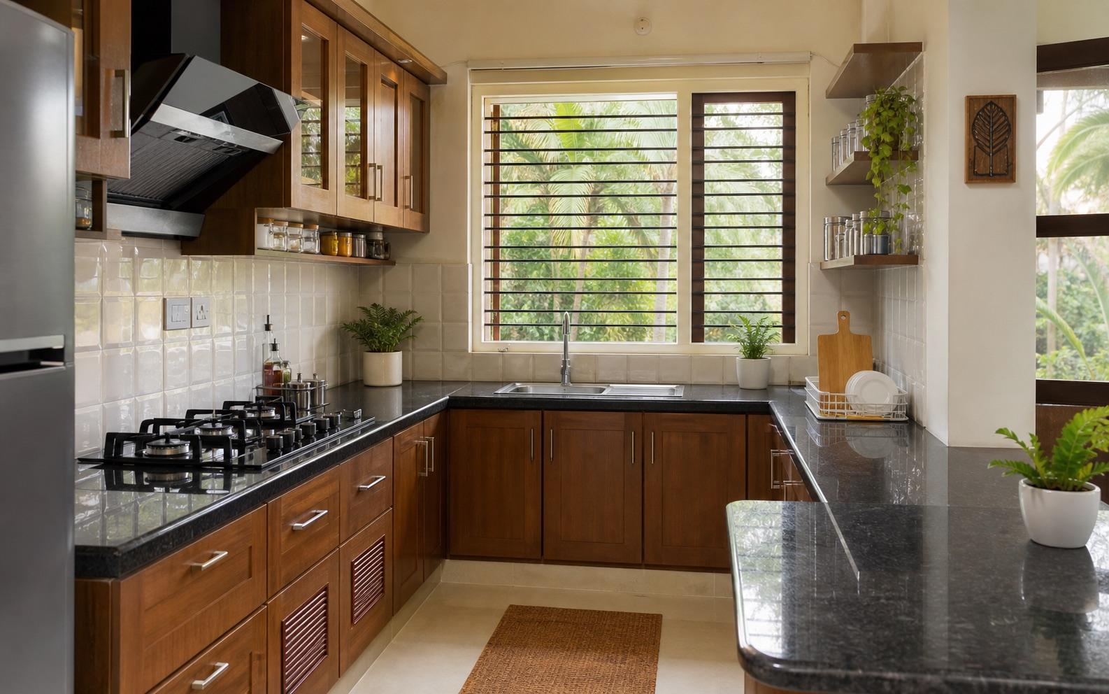Freshly deep-cleaned Kerala home kitchen with granite counters, wooden cabinets, clean stovetop, and coconut greenery outside