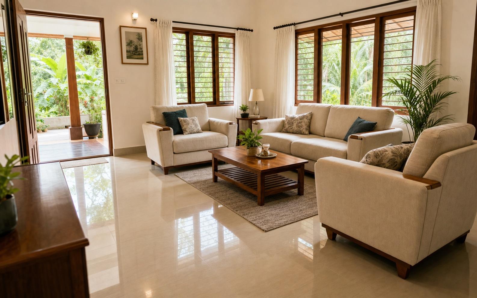 Freshly deep-cleaned living room in a Kerala house with spotless tile floor, wooden windows, and tropical greenery