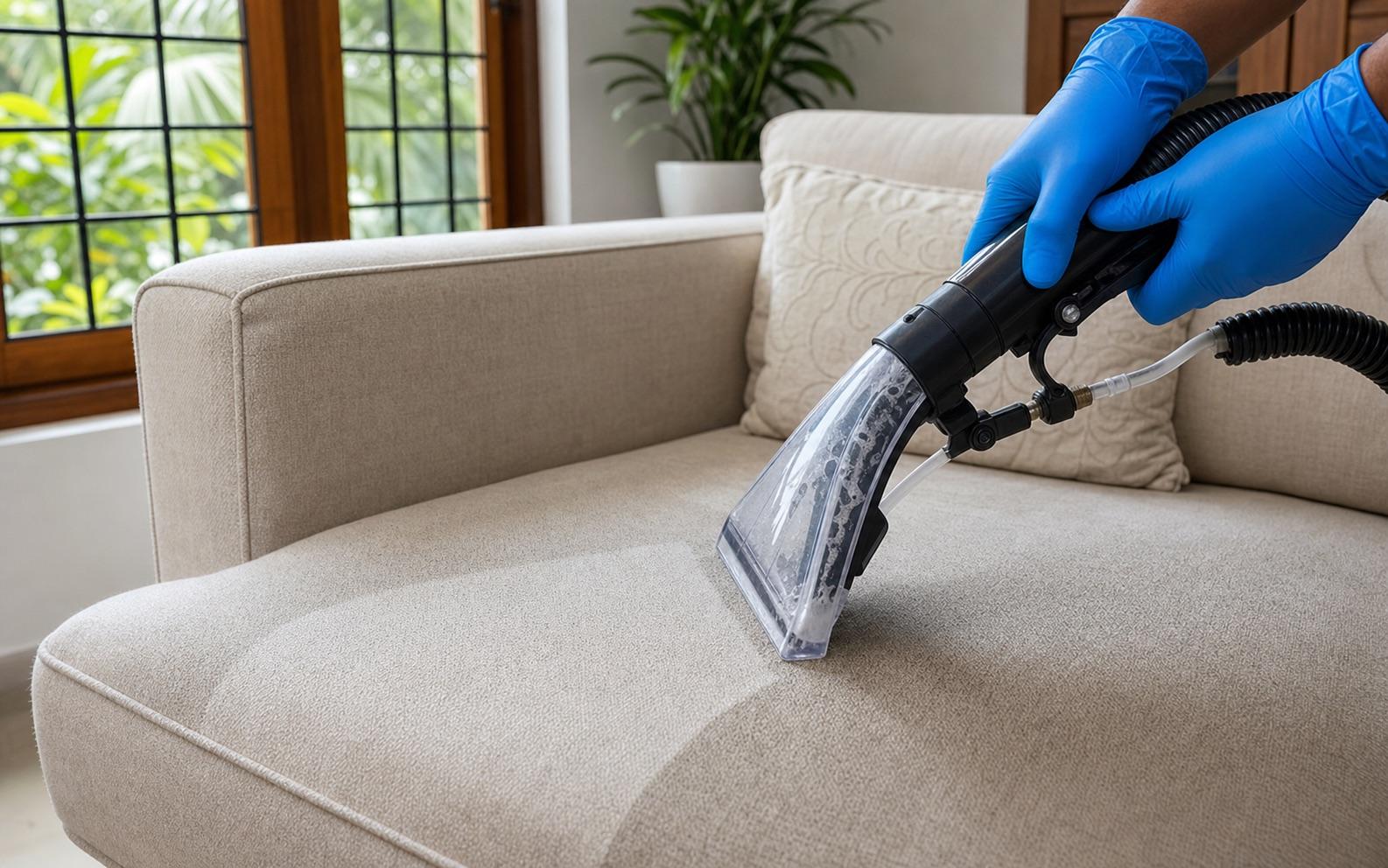 Blue-gloved hands using professional upholstery extraction equipment to deep clean a beige sofa in a Kerala home