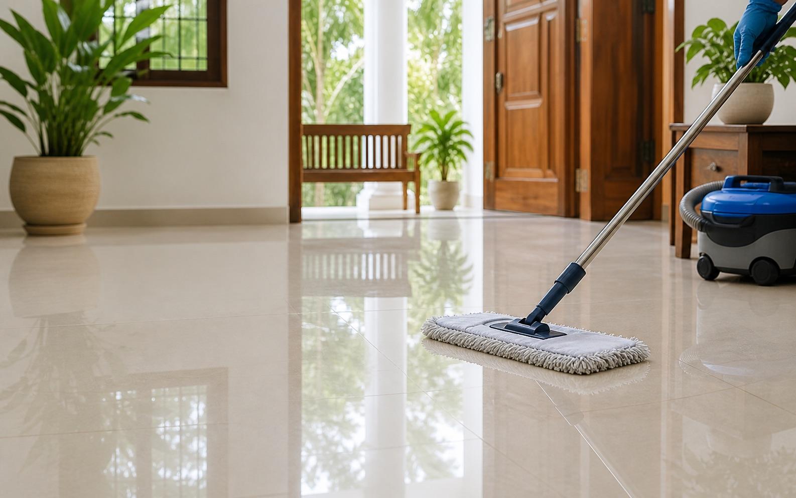 Professional mop and cleaning equipment on a polished tile floor in the entrance hall of a Kerala home