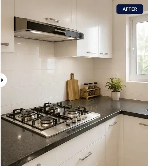 Kitchen deep cleaning before and after with greasy backsplash and stovetop restored by Cleaning Crew after