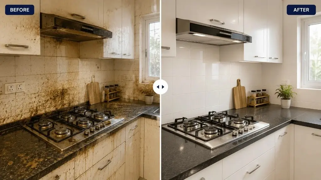Kitchen deep cleaning before and after — greasy backsplash and stovetop restored by Cleaning Crew — before