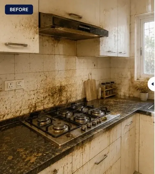 Kitchen deep cleaning before and after with greasy backsplash and stovetop restored by Cleaning Crew before