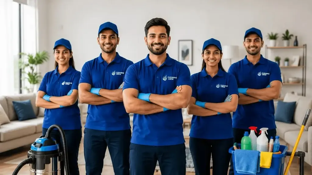 Cleaning Crew team of six uniformed residential cleaners with professional equipment in a modern living room