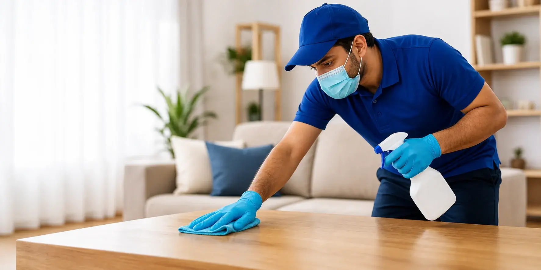 Cleaning Crew professional cleaner wiping a table during a cleaning service