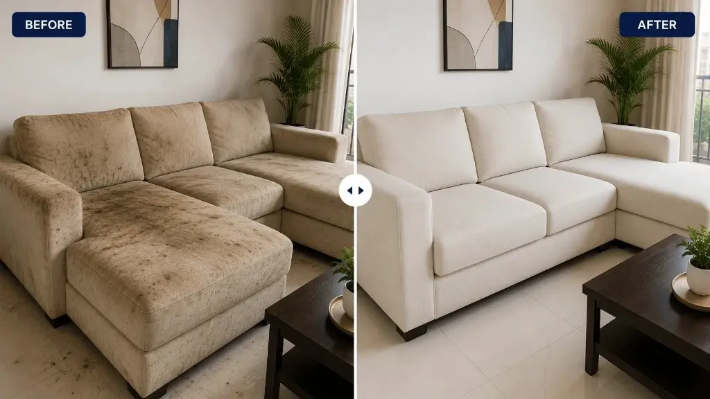 Sofa upholstery cleaning before and after — stained sectional sofa restored by Cleaning Crew — before