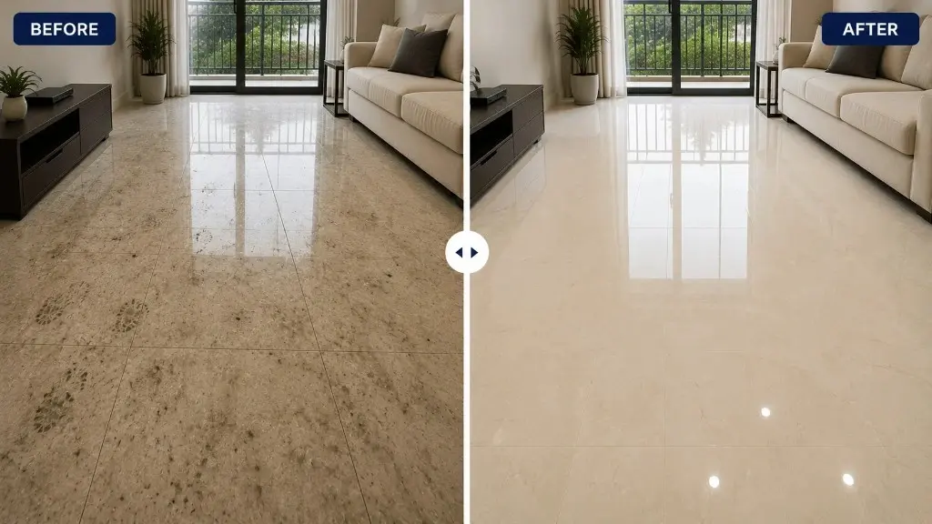 Tile floor cleaning before and after — muddy footprints removed and polished by Cleaning Crew — before